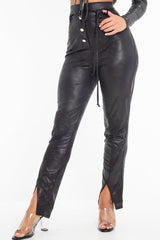 Black Coated Button Front Belted Skinny Trousers - Jade-Trousers