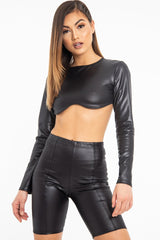 Black Coated Long Sleeve Moulded Crop Top - Indie-Crop Tops