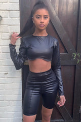 Black Coated Long Sleeve Moulded Crop Top - Indie-Crop Tops
