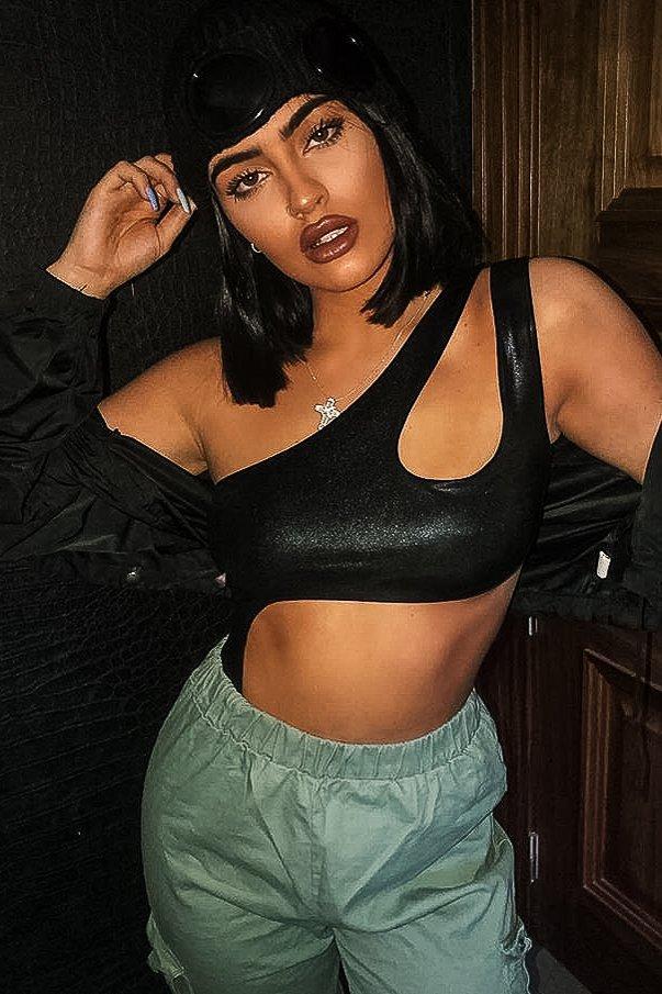 Black Coated One Shoulder Cut Out Bodysuit - Adriana-Bodysuits