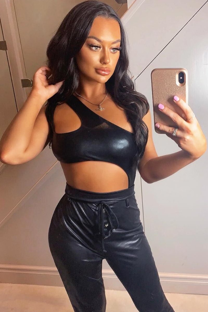 Black Coated One Shoulder Cut Out Bodysuit - Adriana-Bodysuits