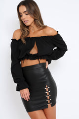 Black Coated Side Cut Out and Button Detail Mini Skirt - Charlea-Skirts