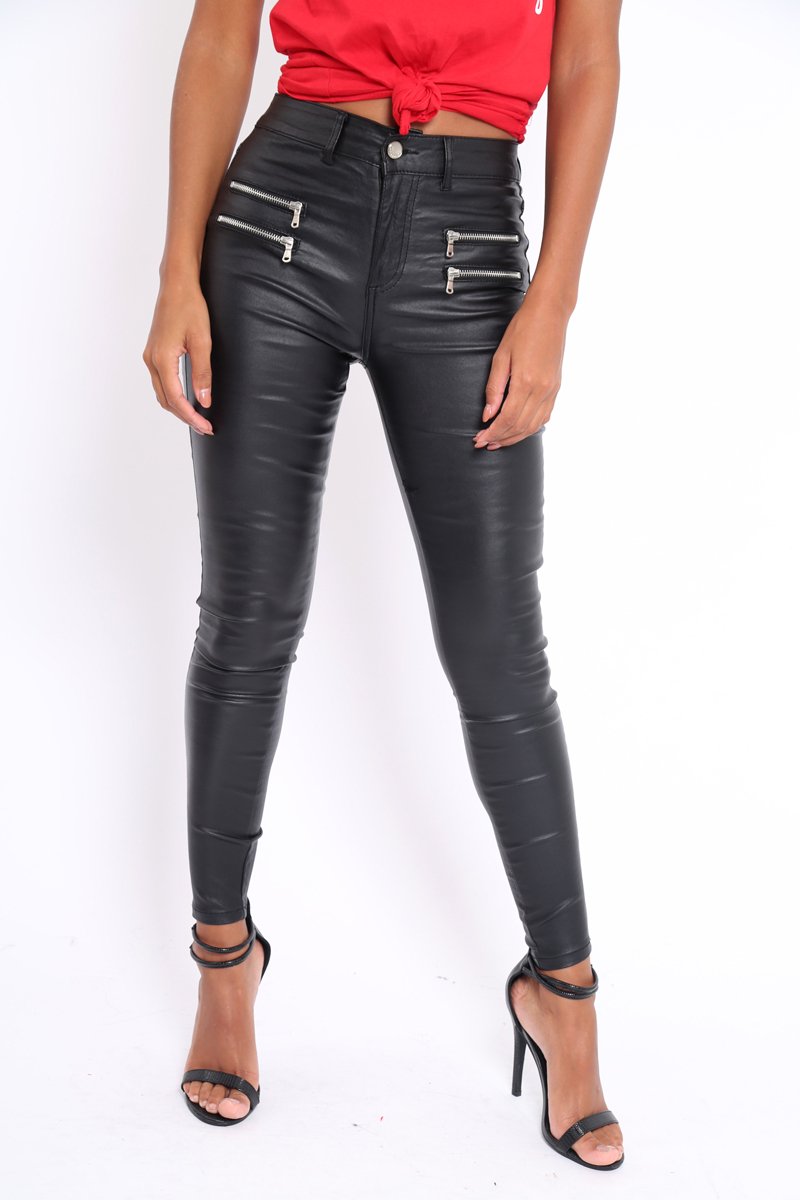 Black Coated Skinny Jeans with Zip Detail - Karlyn-Jeans