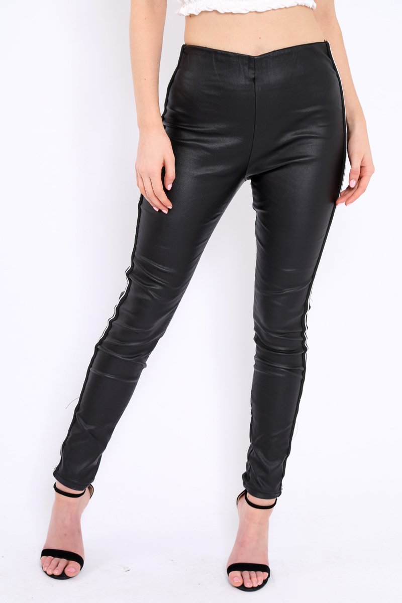 Black Coated Stripe Leggings - Raedyn-Trousers