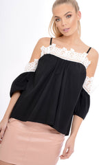 Black Cold Shoulder Crochet Detail Top - Maggie-Tops