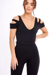 Black Cold Shoulder Cut Out Jumpsuit - Pria-Jumpsuits