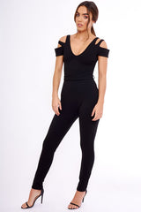 Black Cold Shoulder Cut Out Jumpsuit - Pria-Jumpsuits