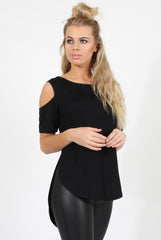 Black Cold Shoulder Dipped Hem Top - Kay-Tops