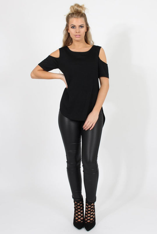 Black Cold Shoulder Dipped Hem Top - Kay