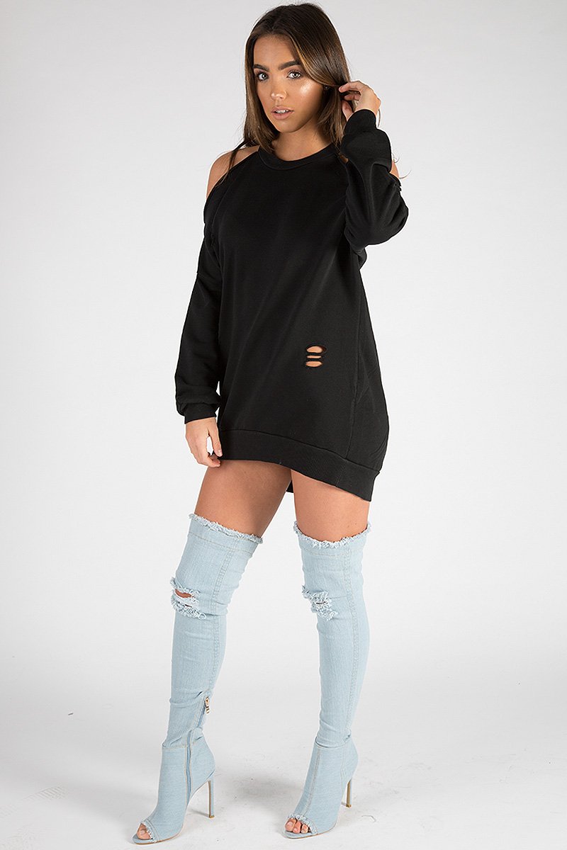 Black Cold Shoulder Distressed Jumper Dress - Kylie-Jumper