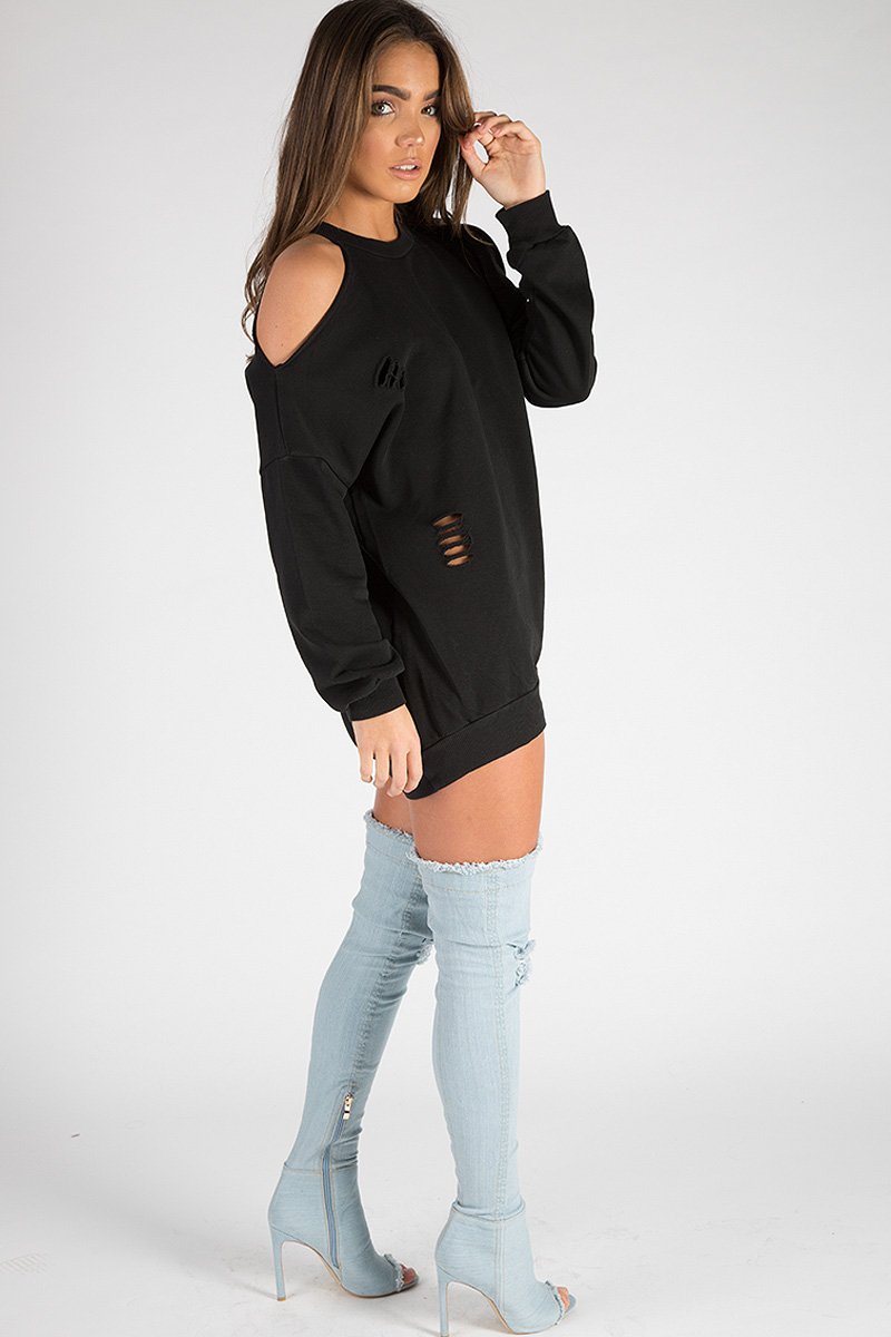 Black Cold Shoulder Distressed Jumper Dress - Kylie-Jumper