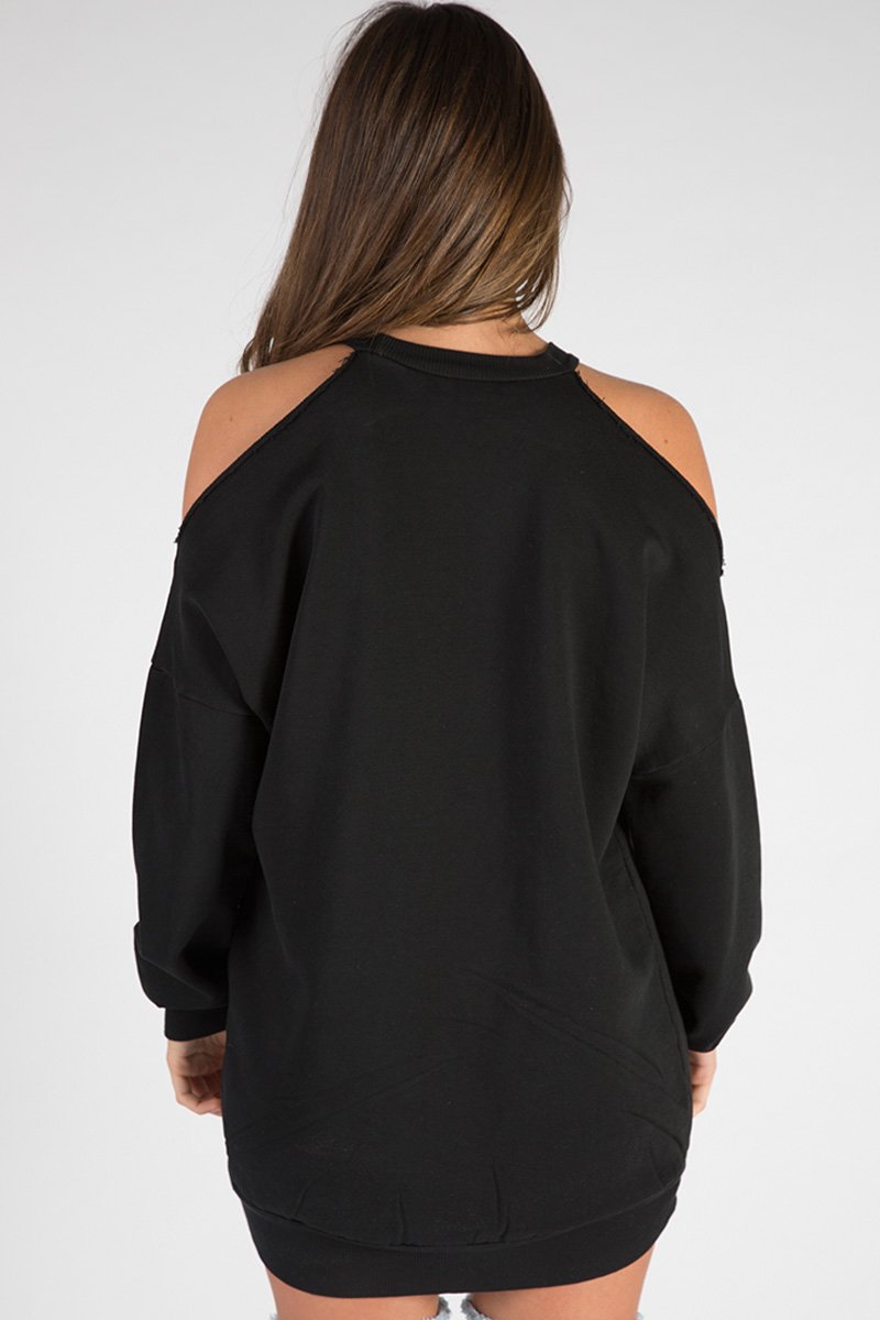 Black Cold Shoulder Distressed Jumper Dress - Kylie-Jumper