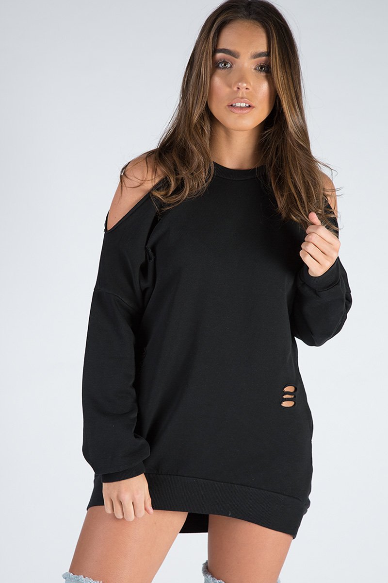 Black Cold Shoulder Distressed Jumper Dress - Kylie-Jumper