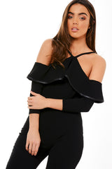 Black Cold Shoulder Frill Detail Jumpsuit - Donna-Jumpsuits