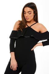 Black Cold Shoulder Frill Detail Jumpsuit - Donna-Jumpsuits