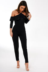Black Cold Shoulder Frill Detail Jumpsuit - Donna-Jumpsuits