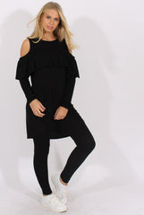 Black Cold Shoulder Frill Dipped Hem Tracksuit - Tammy-Tracksuits