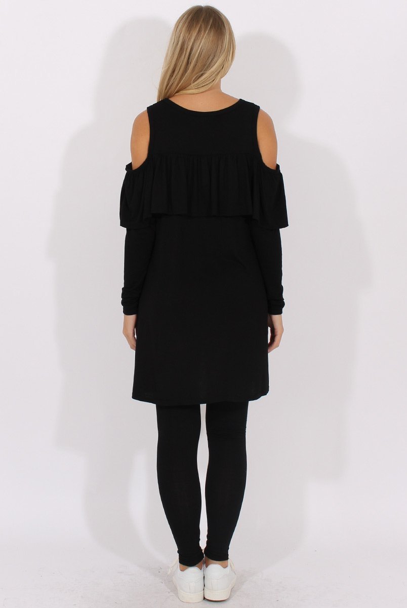 Black Cold Shoulder Frill Dipped Hem Tracksuit - Tammy-Tracksuits