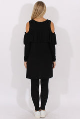 Black Cold Shoulder Frill Dipped Hem Tracksuit - Tammy-Tracksuits