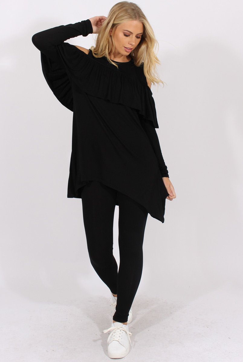 Black Cold Shoulder Frill Dipped Hem Tracksuit - Tammy-Tracksuits