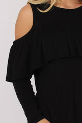 Black Cold Shoulder Frill Dipped Hem Tracksuit - Tammy-Tracksuits