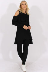 Black Cold Shoulder Frill Dipped Hem Tracksuit - Tammy-Tracksuits