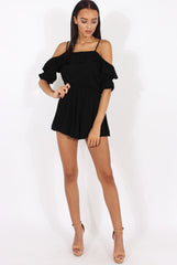 Black Cold Shoulder Frill Layer Playsuit - Diana-Playsuits