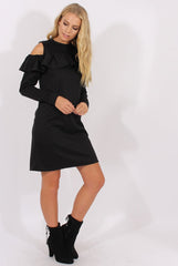 Black Cold Shoulder Frill Layer Swing Dress - Megan-Dresses