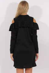 Black Cold Shoulder Frill Layer Swing Dress - Megan-Dresses