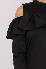 Black Cold Shoulder Frill Layer Swing Dress - Megan-Dresses