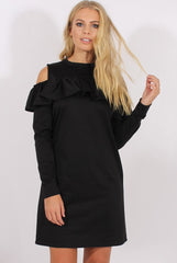 Black Cold Shoulder Frill Layer Swing Dress - Megan-Dresses