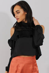 Black Cold Shoulder Frill Layer Top - Lucy-Tops