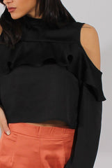 Black Cold Shoulder Frill Layer Top - Lucy-Tops