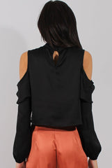 Black Cold Shoulder Frill Layer Top - Lucy-Tops