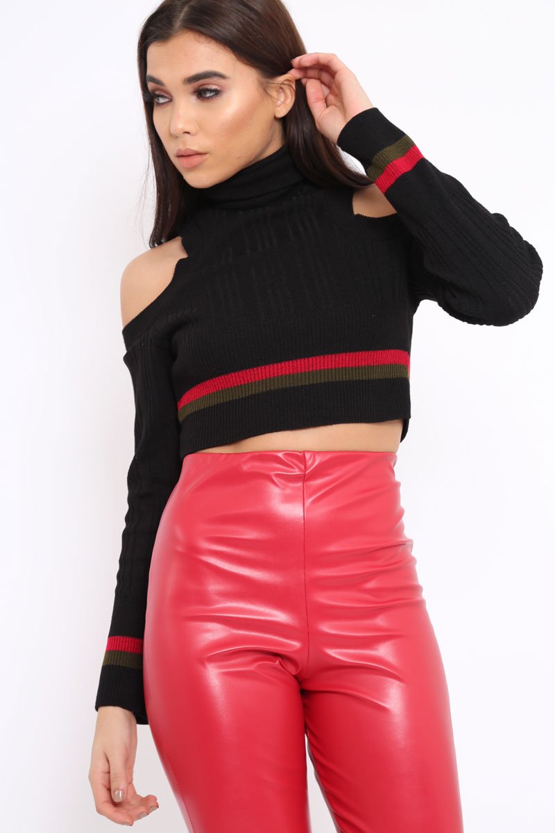 Black Cold Shoulder Jumper with Stripe Detail - Cala-Jumper