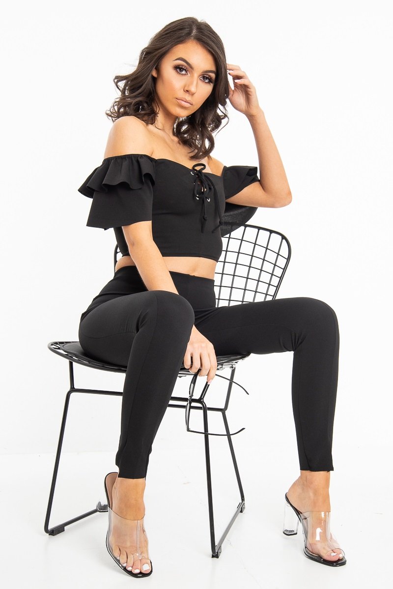 Black Cold Shoulder Lace Up Bardot Crop Top - Kenndra-Crop Tops