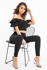 Black Cold Shoulder Lace Up Bardot Crop Top - Kenndra-Crop Tops