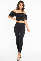 Black Cold Shoulder Lace Up Bardot Crop Top - Kenndra-Crop Tops