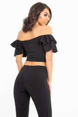 Black Cold Shoulder Lace Up Bardot Crop Top - Kenndra-Crop Tops