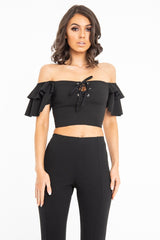 Black Cold Shoulder Lace Up Bardot Crop Top - Kenndra-Crop Tops