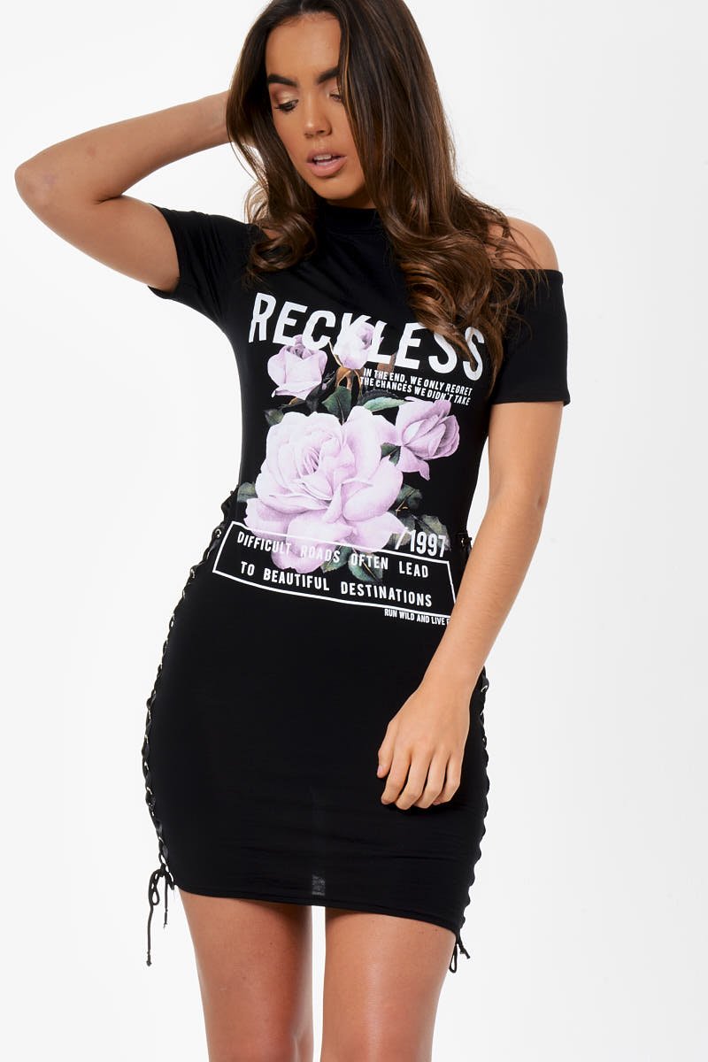 Black Cold Shoulder Lace Up Side T-shirt Dress - Tilly-Dresses