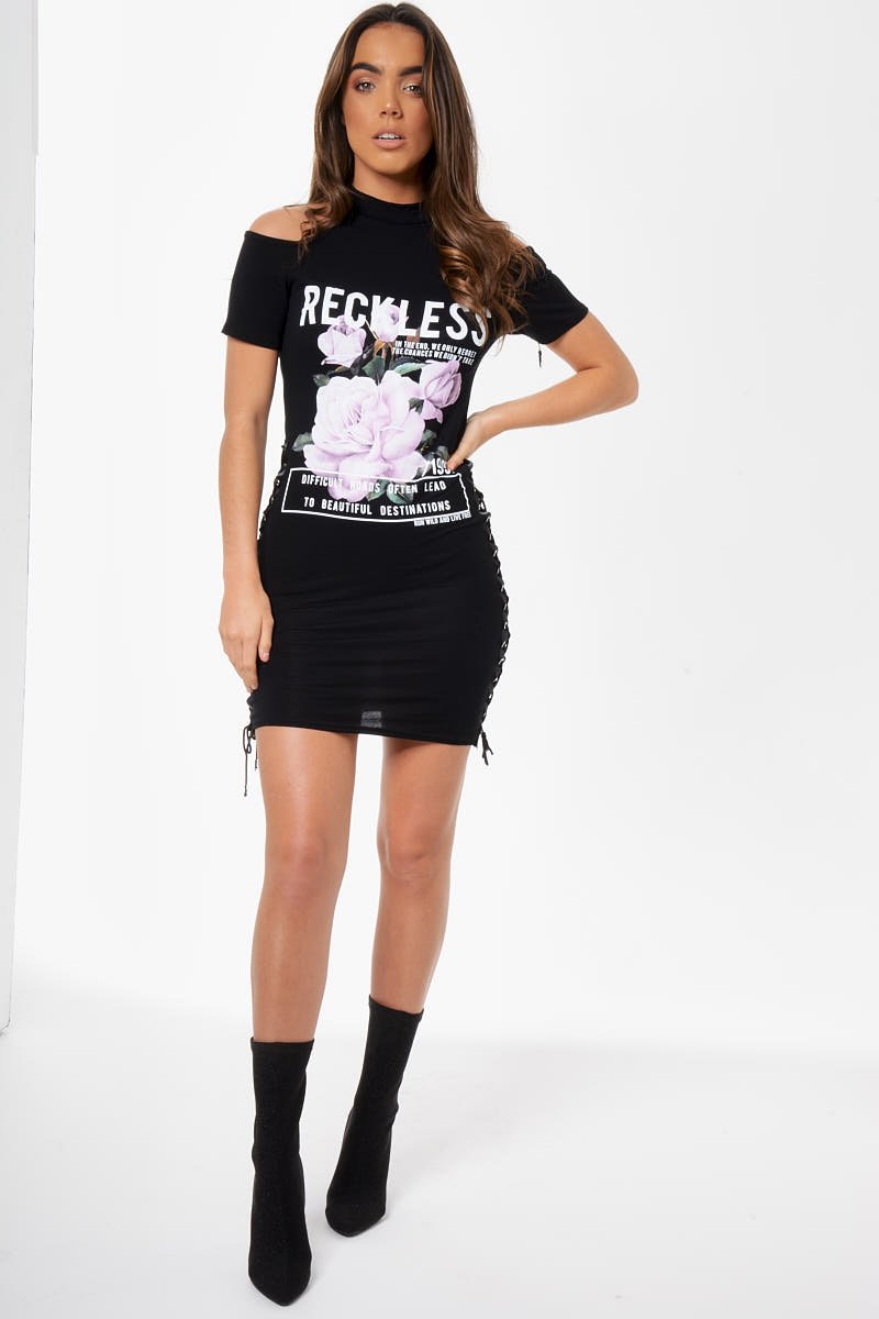 Black Cold Shoulder Lace Up Side T-shirt Dress - Tilly-Dresses