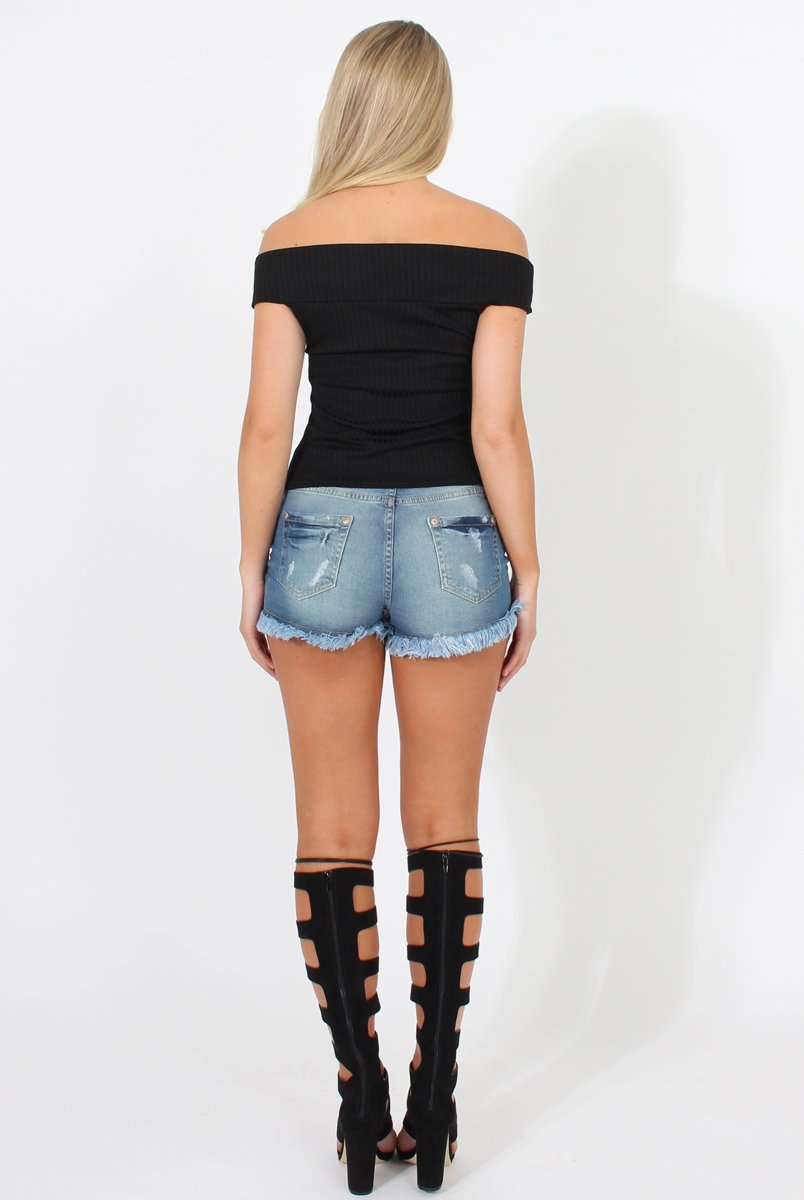 Black Cold Shoulder Ribbed Top - Elsa-Tops