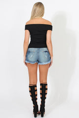 Black Cold Shoulder Ribbed Top - Elsa-Tops