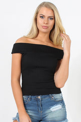 Black Cold Shoulder Ribbed Top - Elsa-Tops