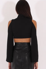 Black Cold Shoulder Split Sleeve Crop Top - Opal-Crop Tops