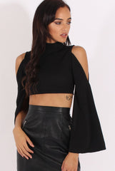 Black Cold Shoulder Split Sleeve Crop Top - Opal-Crop Tops