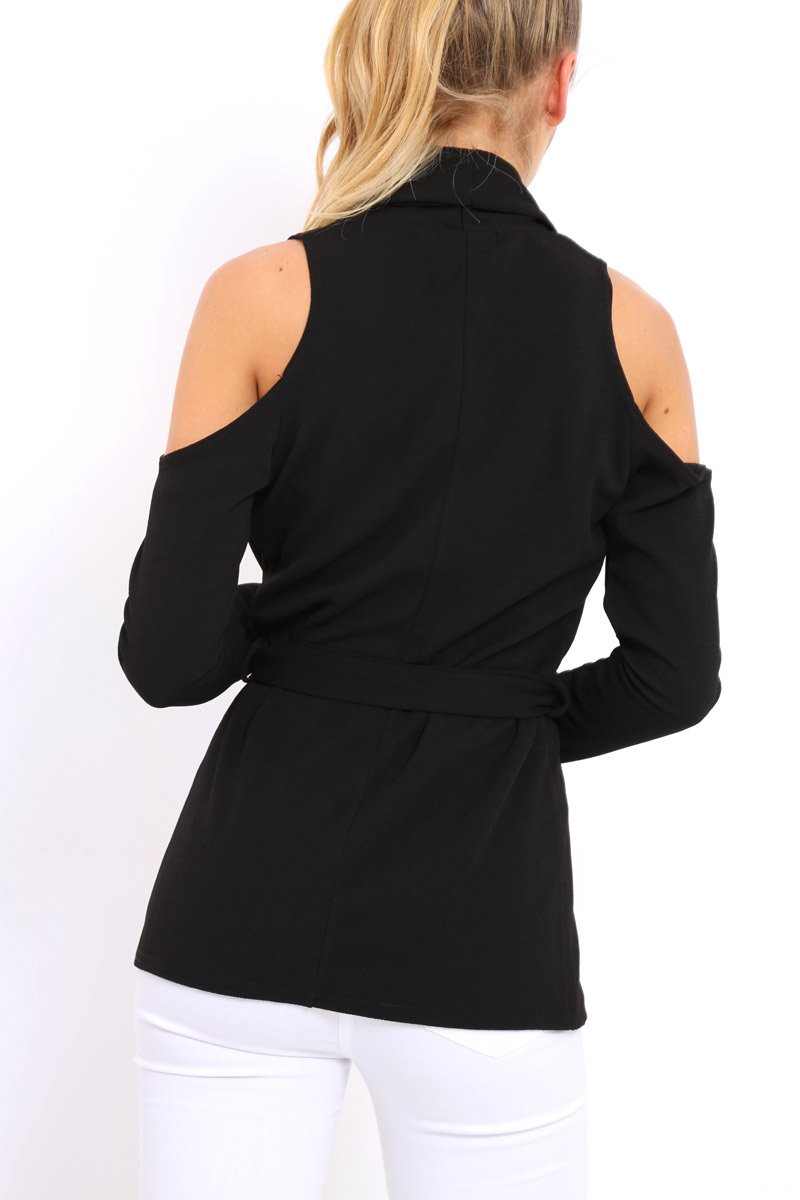 Black Cold Shoulder Tie Waist Blazer - Agnes-Jackets