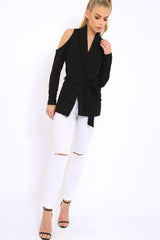 Black Cold Shoulder Tie Waist Blazer - Agnes-Jackets