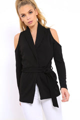 Black Cold Shoulder Tie Waist Blazer - Agnes-Jackets